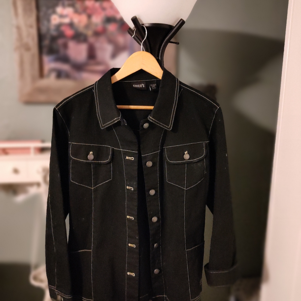 Black Denim Jacket with White Stitching